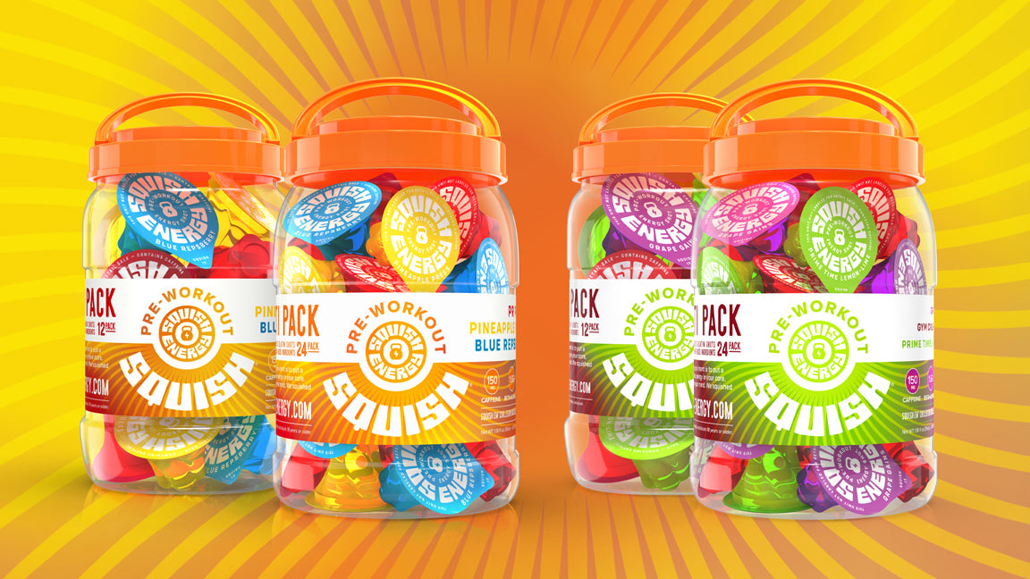 Colorful jars of Squish Energy pre-workout supplements with different flavors.